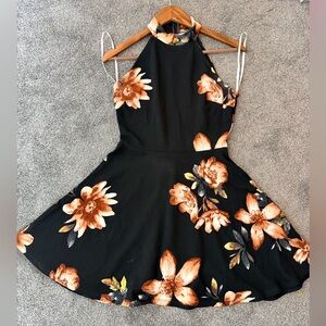 MINE Black Floral Halter Skater Dress Fit & Flare Mini Size M